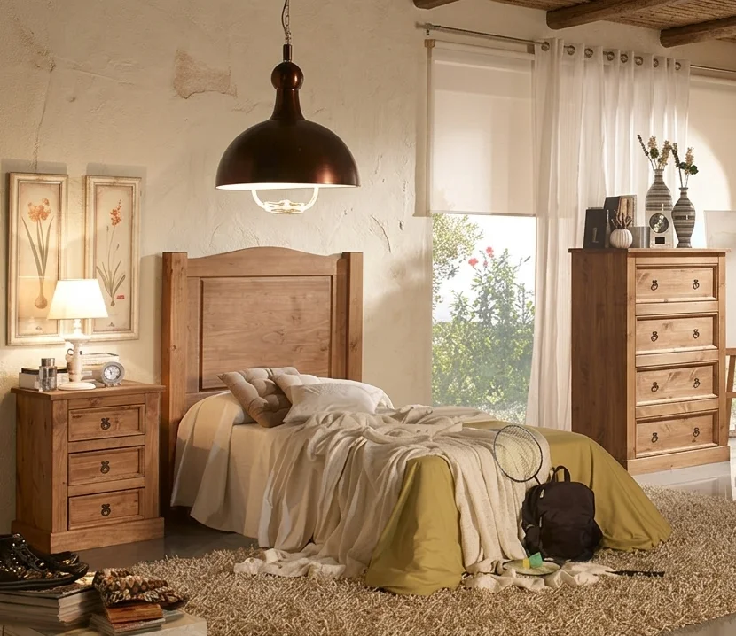 Dormitorio Juvenil Rústico de Madera de Pino Macizo