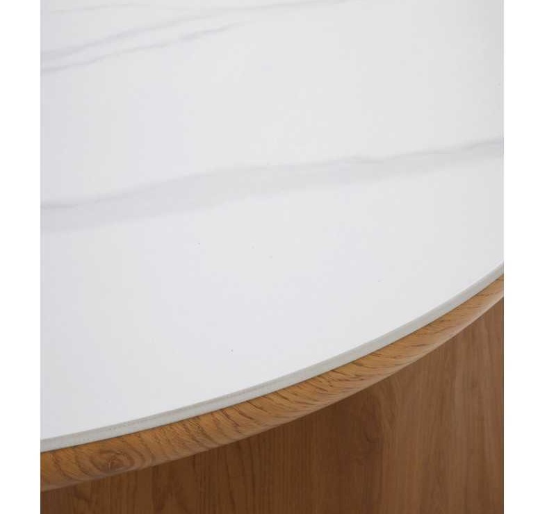 Mesa Comedor Ovalada Roble-Mármol blanco detalle