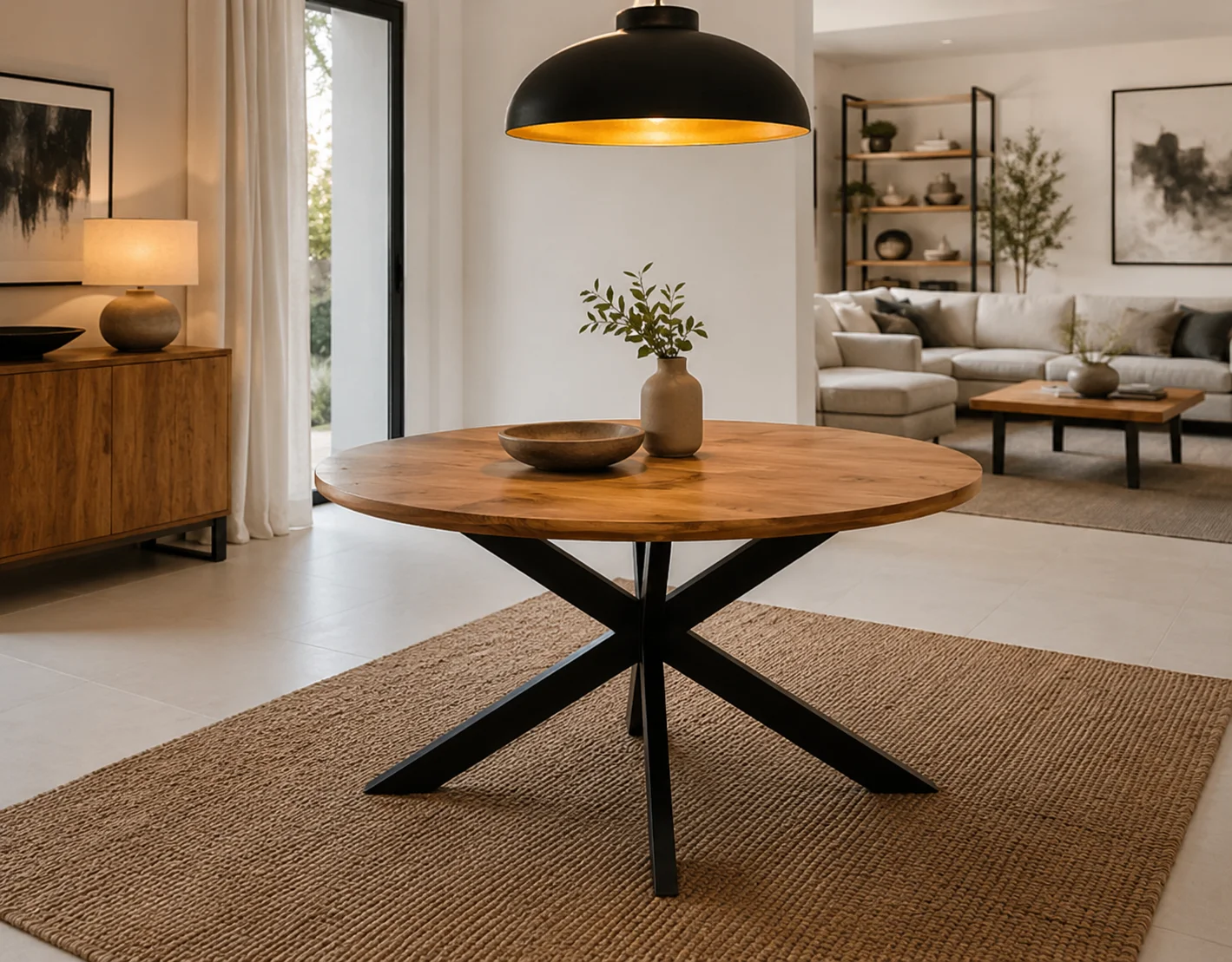 Mesa Redonda Madera Maciza Acacia-Pata Metal